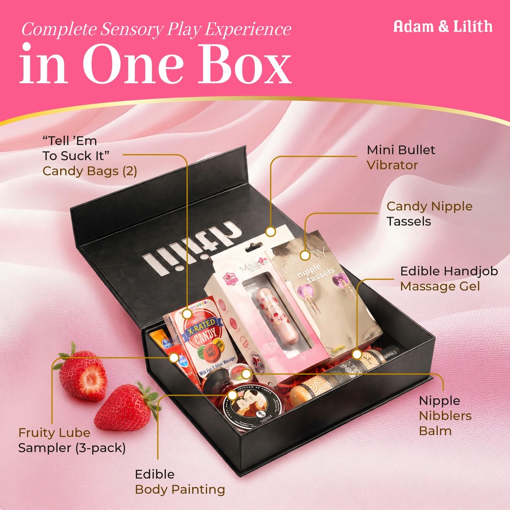 Food Play Box – Edible Body Paint Kit with Mini Bullet Vibrator, Fruity Lube Sampler, Nipple Nibblers & Candy Accessories – Sensual Couples Gift Set for Tasty Play