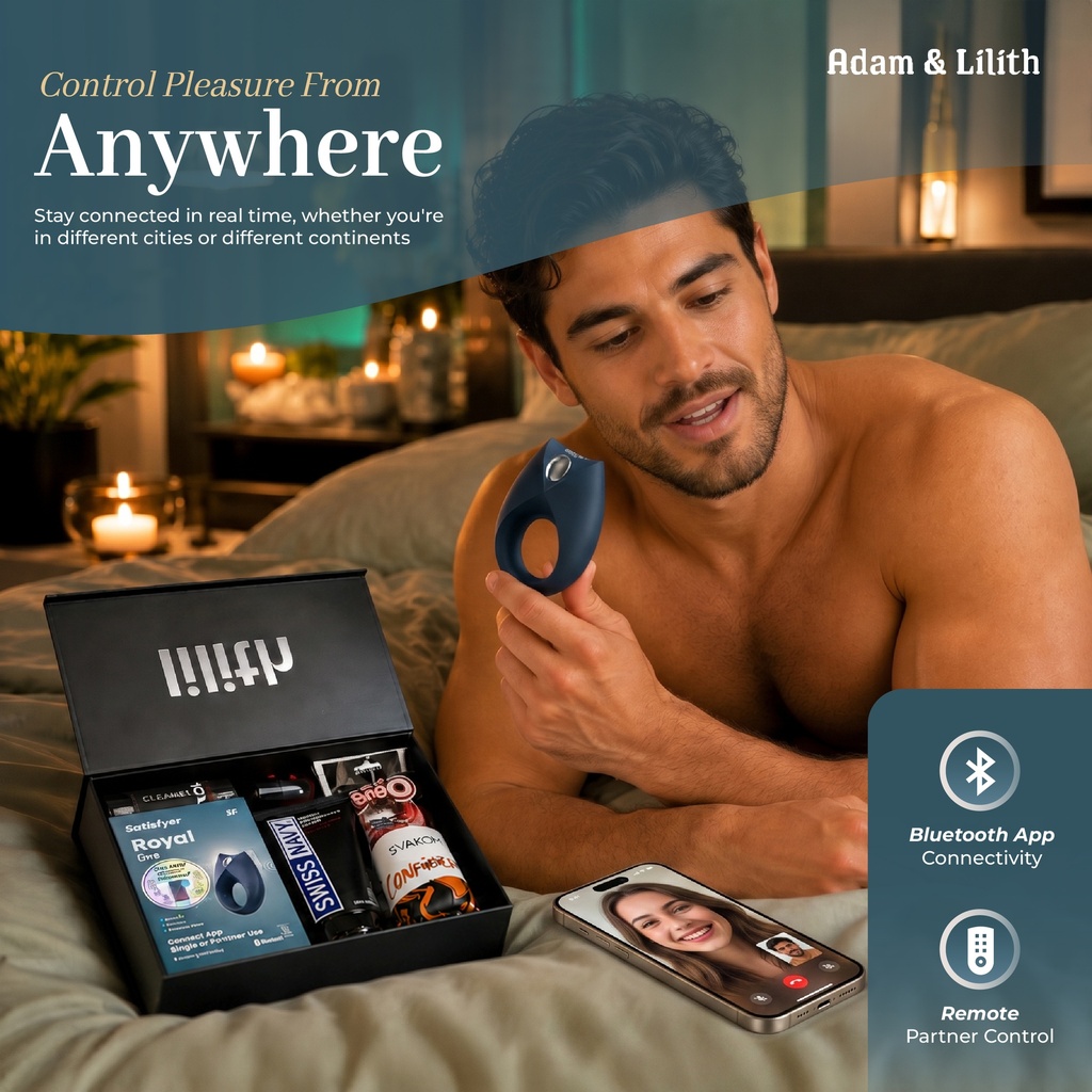 Long Distance “For Him” Box – App-Controlled Ring Vibrator, Stroker Sleeve & Masturbation Lube – Remote Pleasure Kit for Couples