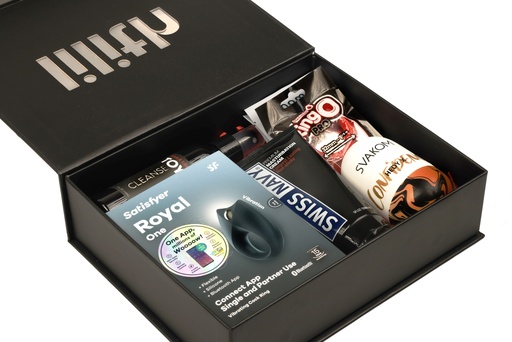 [A&L-2659] Long Distance “For Him” Box – App-Controlled Ring Vibrator, Stroker Sleeve & Masturbation Lube – Remote Pleasure Kit for Couples